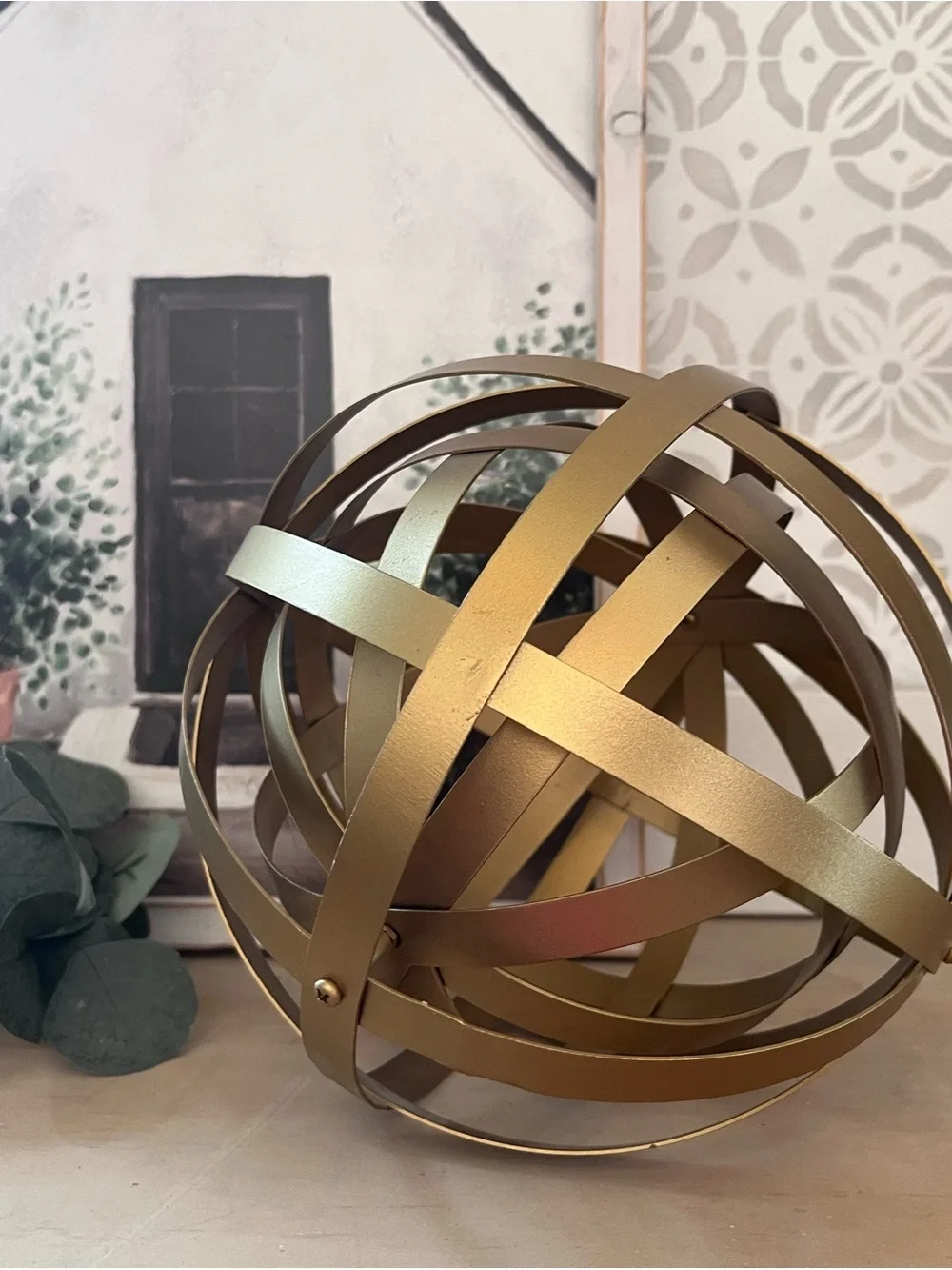 Metal Orb Decorative Sculpture in Gold - Home Wall Decor Display Shelves Accent